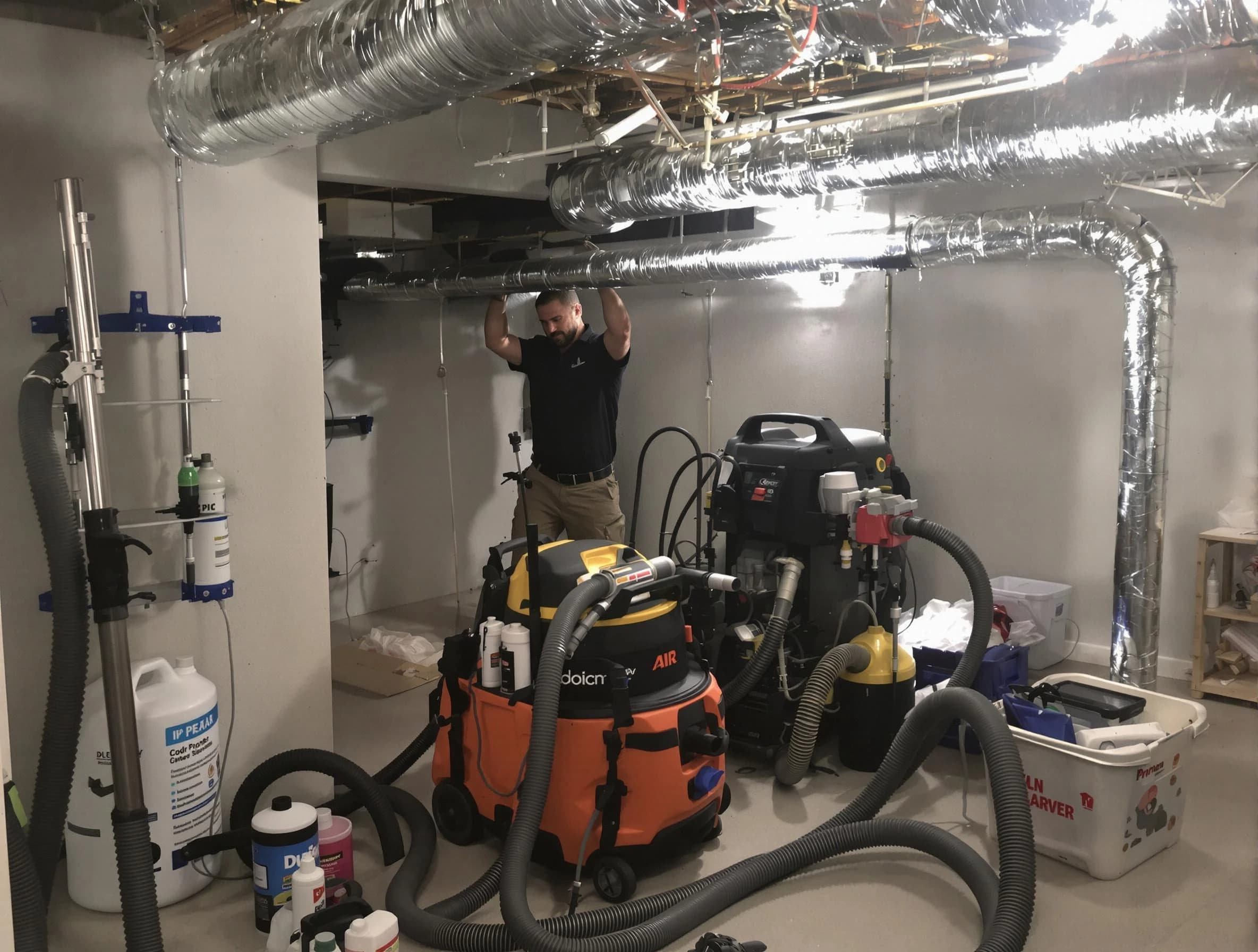 Roy Air Duct Cleaning specialist performing professional mold removal from air ducts using safety equipment in Roy