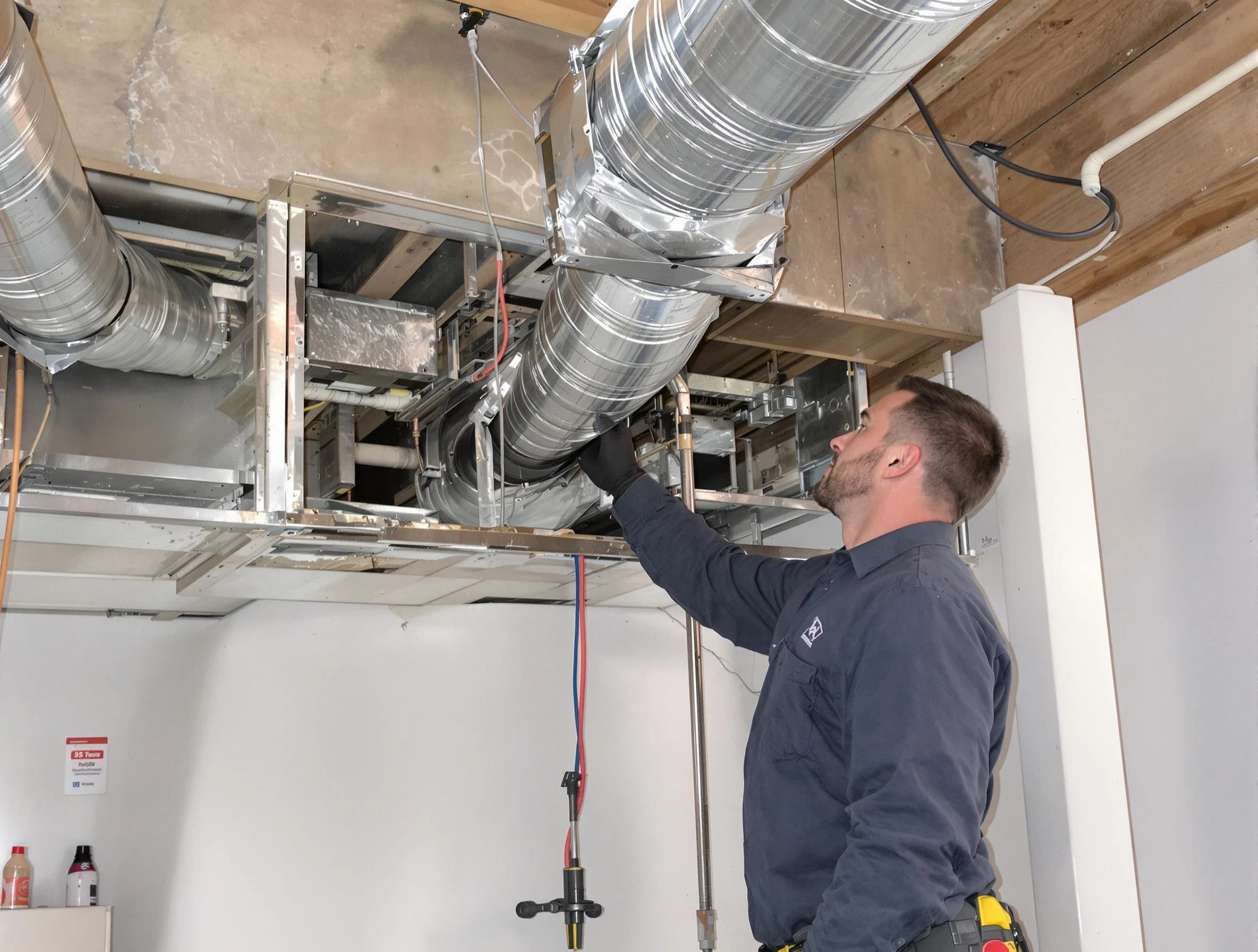 Roy Air Duct Cleaning technician performing professional air duct repair using specialized tools in Roy